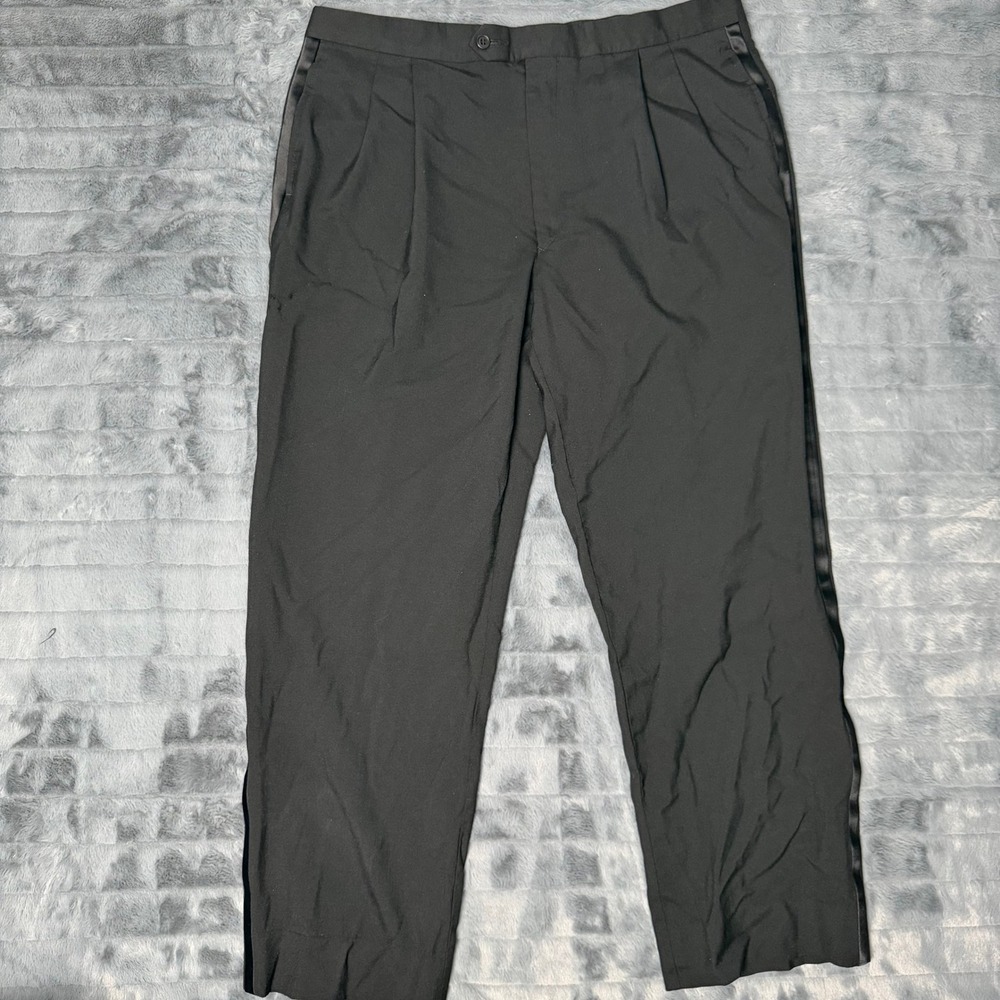 Jos. A. Bank Tuxedo Pants Mens 37 Reg Black Pleated Worsted Wool Satin Stripe